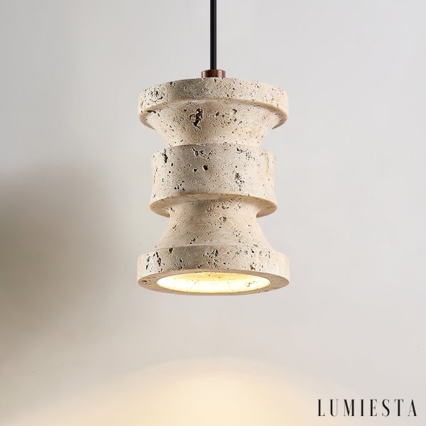 Strvello - Lampa wisząca trawertynowa, żółta z drewnem do salonu, Ø11 x 14 cm