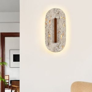 Taravyn - Lampa wisząca z żółtego trawertynu i orzecha, do salonu Ø14x30 cm