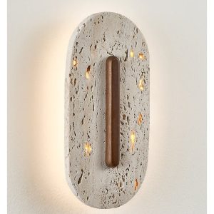 Taravyn - Lampa wisząca z żółtego trawertynu i orzecha, do salonu Ø14x30 cm