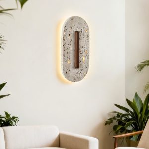 Taravyn - Lampa wisząca z żółtego trawertynu i orzecha, do salonu Ø14x30 cm