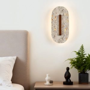 Taravyn - Lampa wisząca z żółtego trawertynu i orzecha, do salonu Ø14x30 cm