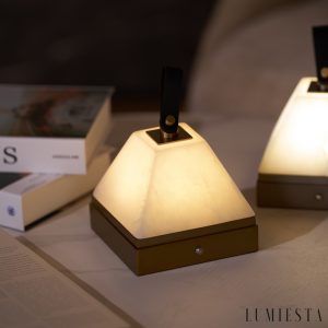 Toscoria - Lampa stołowa alabastrowa, złote wykończenie, do sypialni, Ø14x14 cm