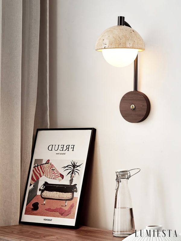 Travaryn - Kinkiet trawertynowy, żółty z drewnem orzechowym do salonu, Ø15x32 cm