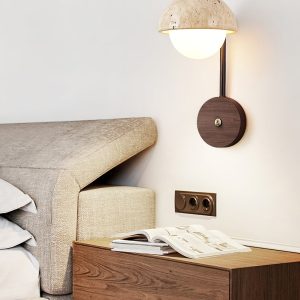 Travaryn - Kinkiet trawertynowy, żółty z drewnem orzechowym do salonu, Ø15x32 cm