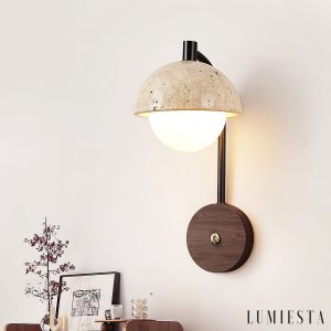 Travaryn - Kinkiet trawertynowy, żółty z drewnem orzechowym do salonu, Ø15x32 cm