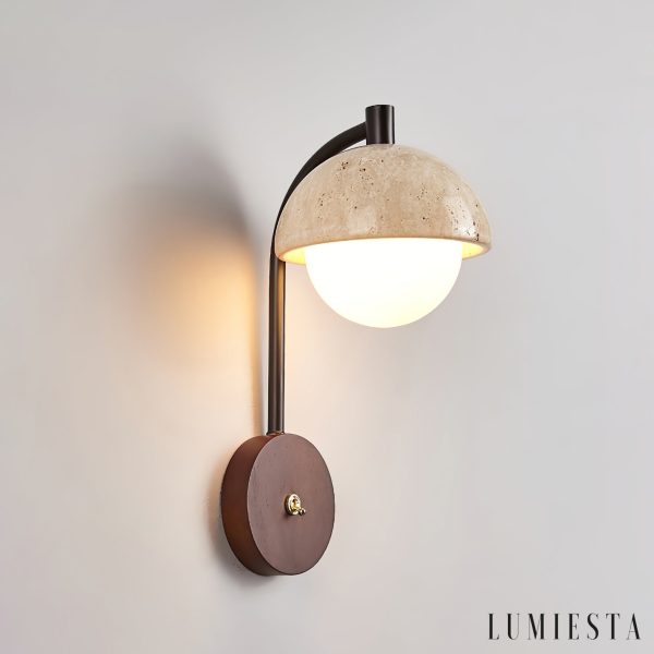 Travaryn - Kinkiet trawertynowy, żółty z drewnem orzechowym do salonu, Ø15x32 cm