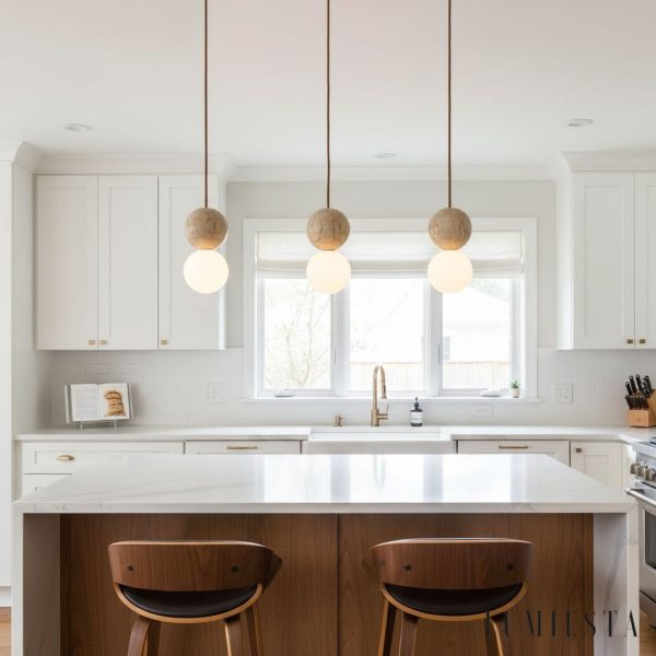 Travena - Lampa wisząca trawertynowa, żółto-biała do jadalni, Ø10/Ø15/Ø30/60 cm