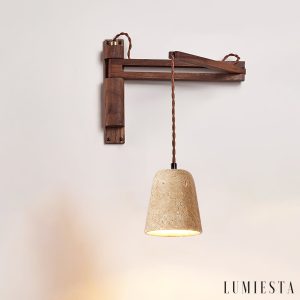 Traventa - Kinkiet żółty trawertynowy z drewnianą oprawą, do salonu, Ø11/12/15 cm