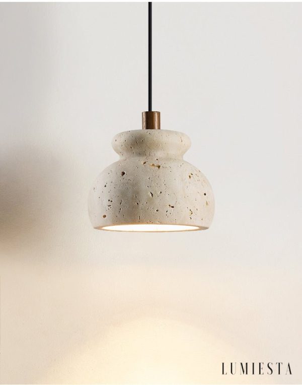 Travora 226 - Lampa wisząca travertynowa żółta, drewniana do salonu Ø12x9 cm