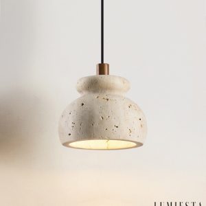 Travora 226 - Lampa wisząca travertynowa żółta, drewniana do salonu Ø12x9 cm