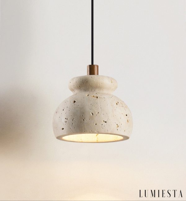 Travora 226 - Lampa wisząca travertynowa żółta, drewniana do salonu Ø12x9 cm