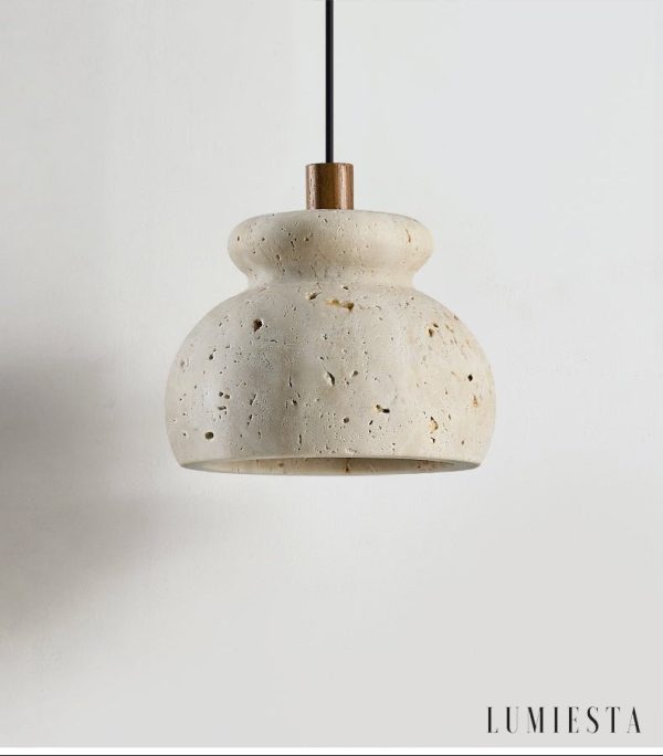 Travora 226 - Lampa wisząca travertynowa żółta, drewniana do salonu Ø12x9 cm