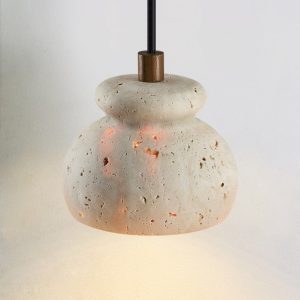 Travora 226 - Lampa wisząca travertynowa żółta, drewniana do salonu Ø12x9 cm