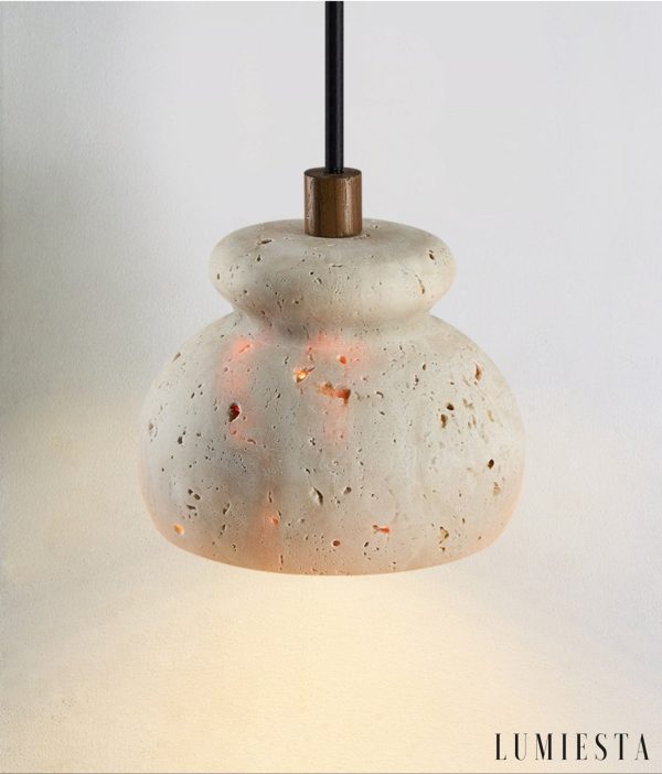 Travora 226 - Lampa wisząca travertynowa żółta, drewniana do salonu Ø12x9 cm