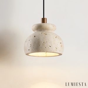 Travora 226 - Lampa wisząca travertynowa żółta, drewniana do salonu Ø12x9 cm