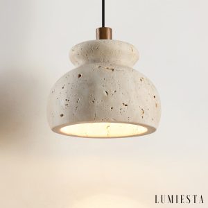 Travora 226 - Lampa wisząca travertynowa żółta, drewniana do salonu Ø12x9 cm