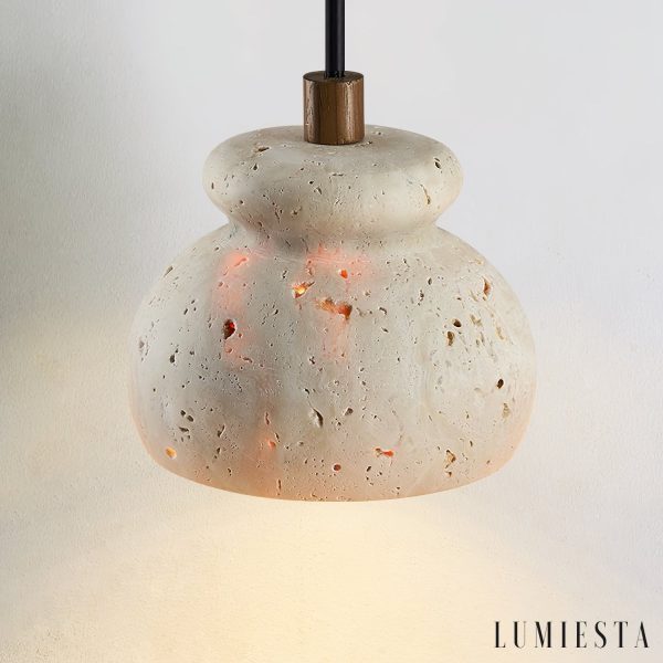 Travora 226 - Lampa wisząca travertynowa żółta, drewniana do salonu Ø12x9 cm