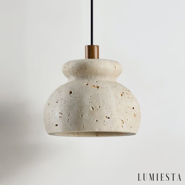 Travora 226 - Lampa wisząca travertynowa żółta, drewniana do salonu Ø12x9 cm
