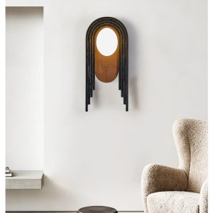 Troiana - Lampa wisząca trawertynowa, czarna z drewnem do salonu Ø18×40 cm