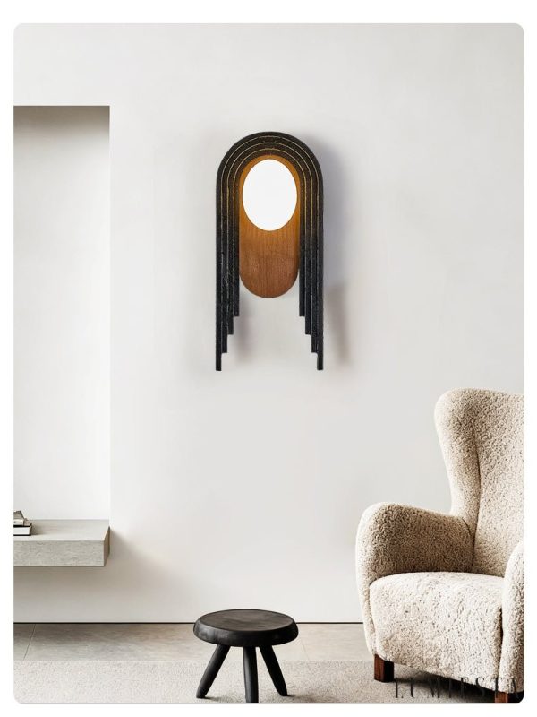 Troiana - Lampa wisząca trawertynowa, czarna z drewnem do salonu Ø18×40 cm