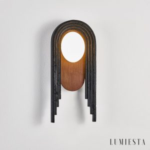 Troiana - Lampa wisząca trawertynowa, czarna z drewnem do salonu Ø18×40 cm