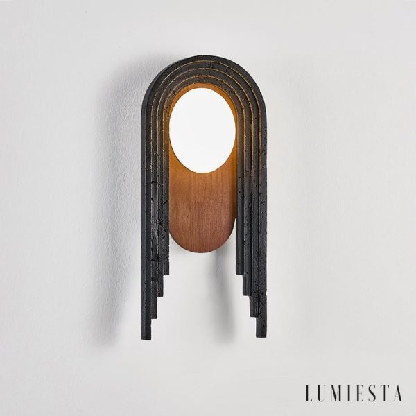 Troiana - Lampa wisząca trawertynowa, czarna z drewnem do salonu Ø18×40 cm