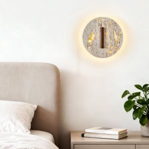 Tuluma - Kinkiet trawertynowy drewniany, orzechowo-żółty, do salonu, Ø25x25 cm