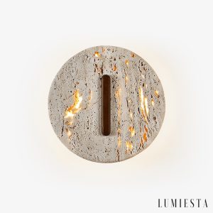 Tuluma - Kinkiet trawertynowy drewniany, orzechowo-żółty, do salonu, Ø25x25 cm