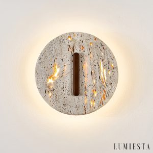 Tuluma - Kinkiet trawertynowy drewniany, orzechowo-żółty, do salonu, Ø25x25 cm