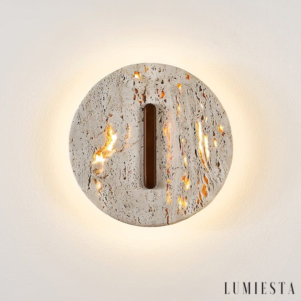 Tuluma - Kinkiet trawertynowy drewniany, orzechowo-żółty, do salonu, Ø25x25 cm