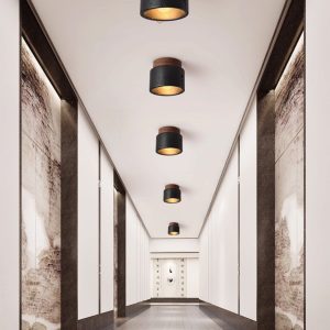 Umbrialis - Plafon skandynawski, orzech i czarny trawertyn do salonu Ø12 x 10 cm