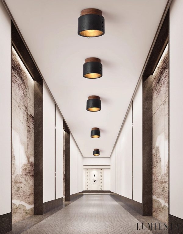 Umbrialis - Plafon skandynawski, orzech i czarny trawertyn do salonu Ø12 x 10 cm