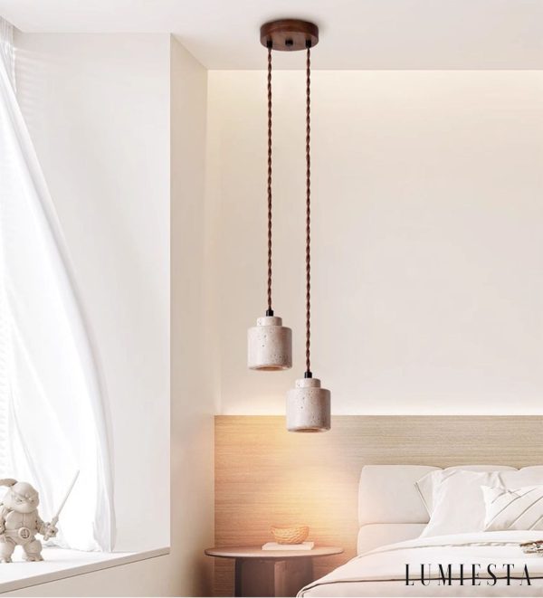 Venetis - Lampa wisząca trawertynowa żółta, drewno, nad stół, Ø23x20 cm