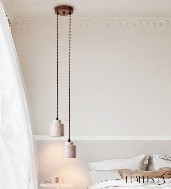 Venetis - Lampa wisząca trawertynowa żółta, drewno, nad stół, Ø23x20 cm