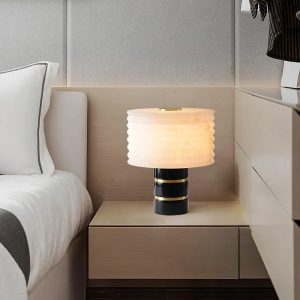 Vesunox - Lampa stołowa marmurowo-mosiężna, czarno-biała, do salonu, Ø26x32 cm