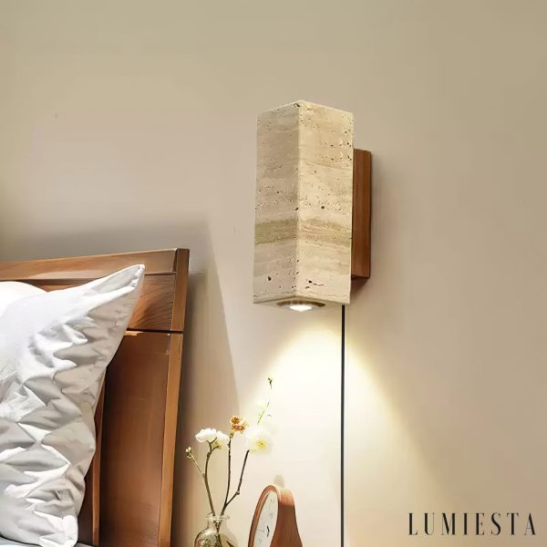 Waltrava - Kinkiet trawertynowo-drewniany, orzechowy, do sypialni, Ø7x23 cm