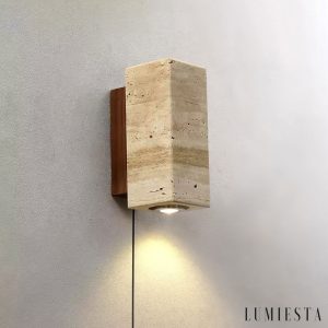 Waltrava - Kinkiet trawertynowo-drewniany, orzechowy, do sypialni, Ø7x23 cm