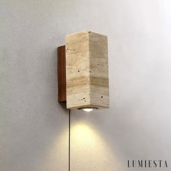 Waltrava - Kinkiet trawertynowo-drewniany, orzechowy, do sypialni, Ø7x23 cm