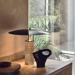 Zaragozae - Lampa stołowa trawertynowa czarno-żółta do salonu, Ø38/42 x31/33 cm