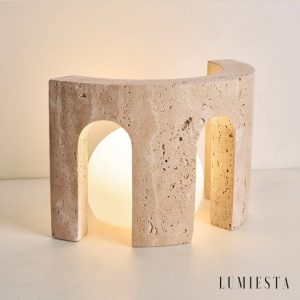 Zarvi - Lampa stołowa trawertynowa, żółto-biała, do salonu, Ø24 x 15 cm