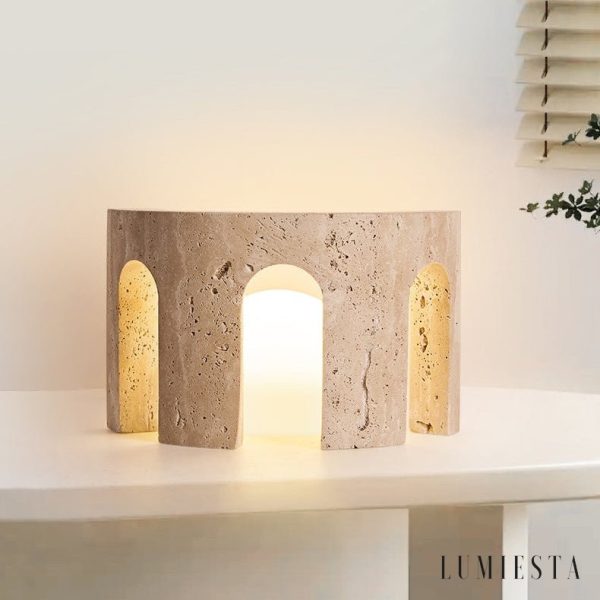 Zarvi - Lampa stołowa trawertynowa, żółto-biała, do salonu, Ø24 x 15 cm