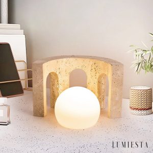 Zarvi - Lampa stołowa trawertynowa, żółto-biała, do salonu, Ø24 x 15 cm