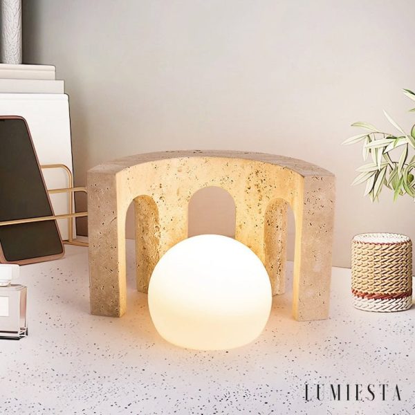 Zarvi - Lampa stołowa trawertynowa, żółto-biała, do salonu, Ø24 x 15 cm