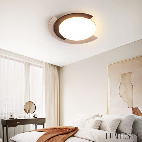 Zarwila - Plafon trawertynowo-drewniany, ciemny orzech/żółty, do salonu, Ø62x10 cm