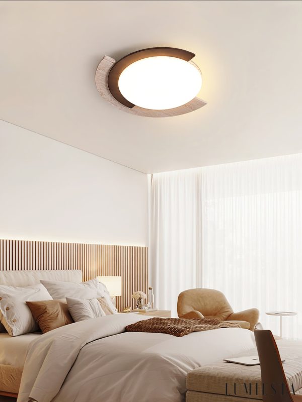 Zarwila - Plafon trawertynowo-drewniany, ciemny orzech/żółty, do salonu, Ø62x10 cm