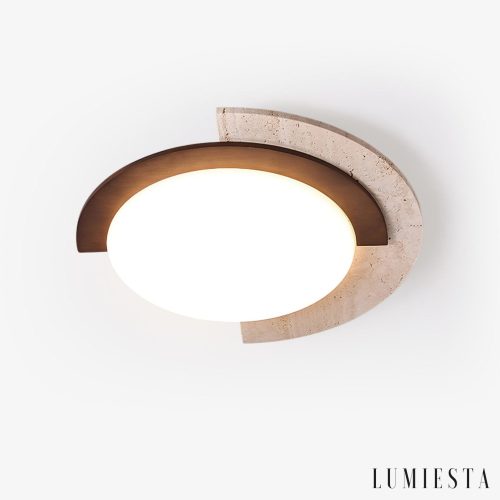 Zarwila - Plafon trawertynowo-drewniany, ciemny orzech/żółty, do salonu, Ø62x10 cm