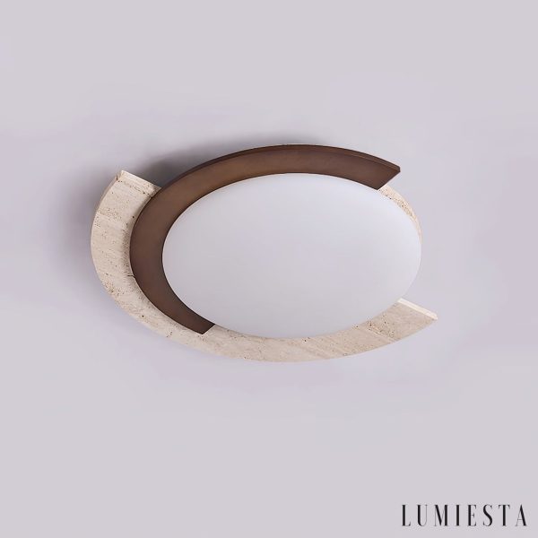 Zarwila - Plafon trawertynowo-drewniany, ciemny orzech/żółty, do salonu, Ø62x10 cm