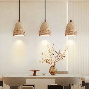 Zlotrava 231 - Lampa wisząca naturalna, rattan i żółty trawertyn do jadalni, Ø12 x H15 cm