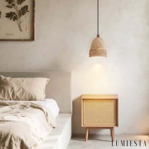 Zlotrava 231 - Lampa wisząca naturalna, rattan i żółty trawertyn do jadalni, Ø12 x H15 cm