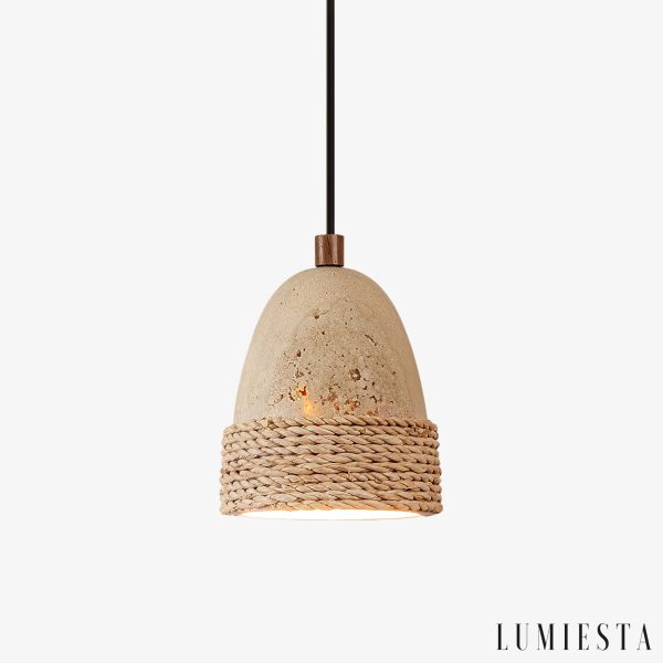 Zlotrava 231 - Lampa wisząca naturalna, rattan i żółty trawertyn do jadalni, Ø12 x H15 cm